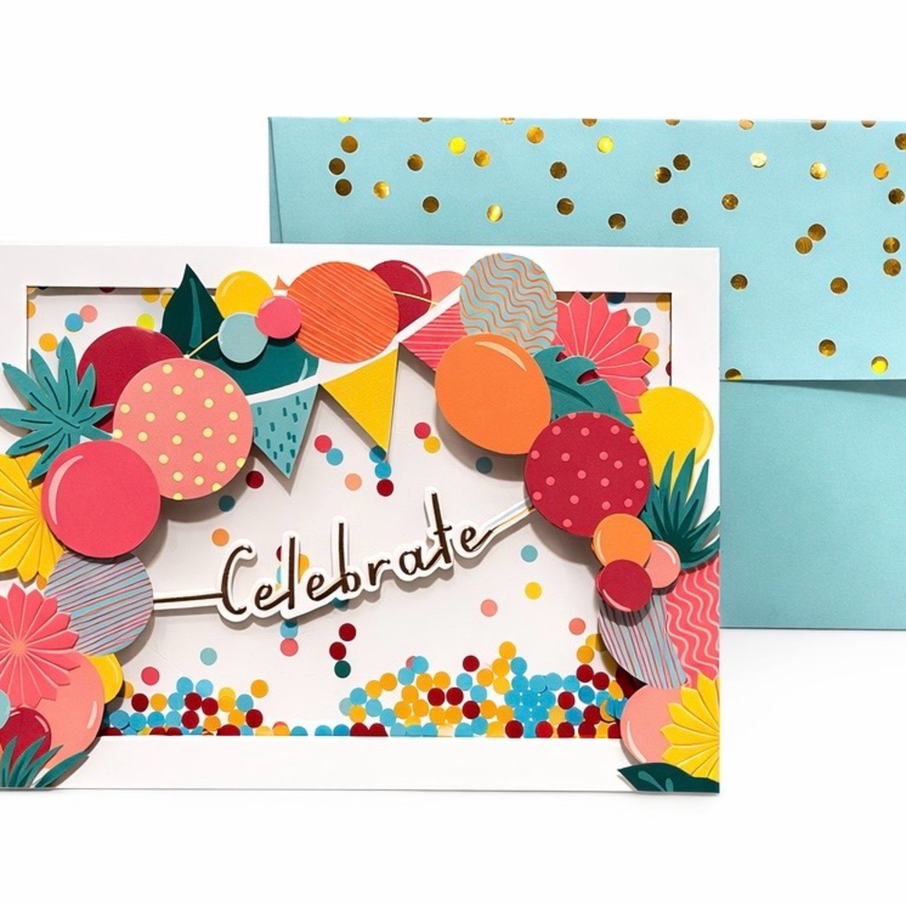 3D Celebrate Confetti Shaker Greeting Card w Foil Envelope Blank Inside